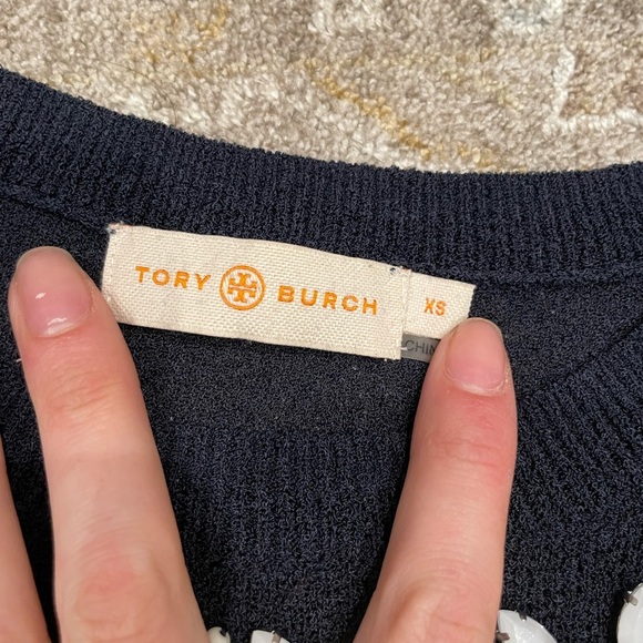 Tory Burch Pierce Short Sleeve Sweater Navy Blue Embellished Gems Beads Size XS - Picture 5 of 6